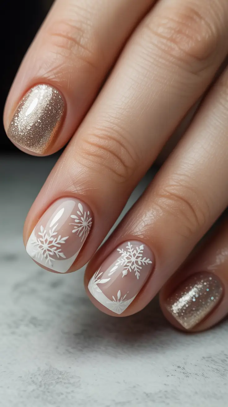 short winter nails design and color ideas Golden Snowflakes