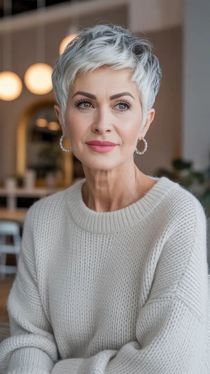 short winter haircuts frosted gray pixie with volume