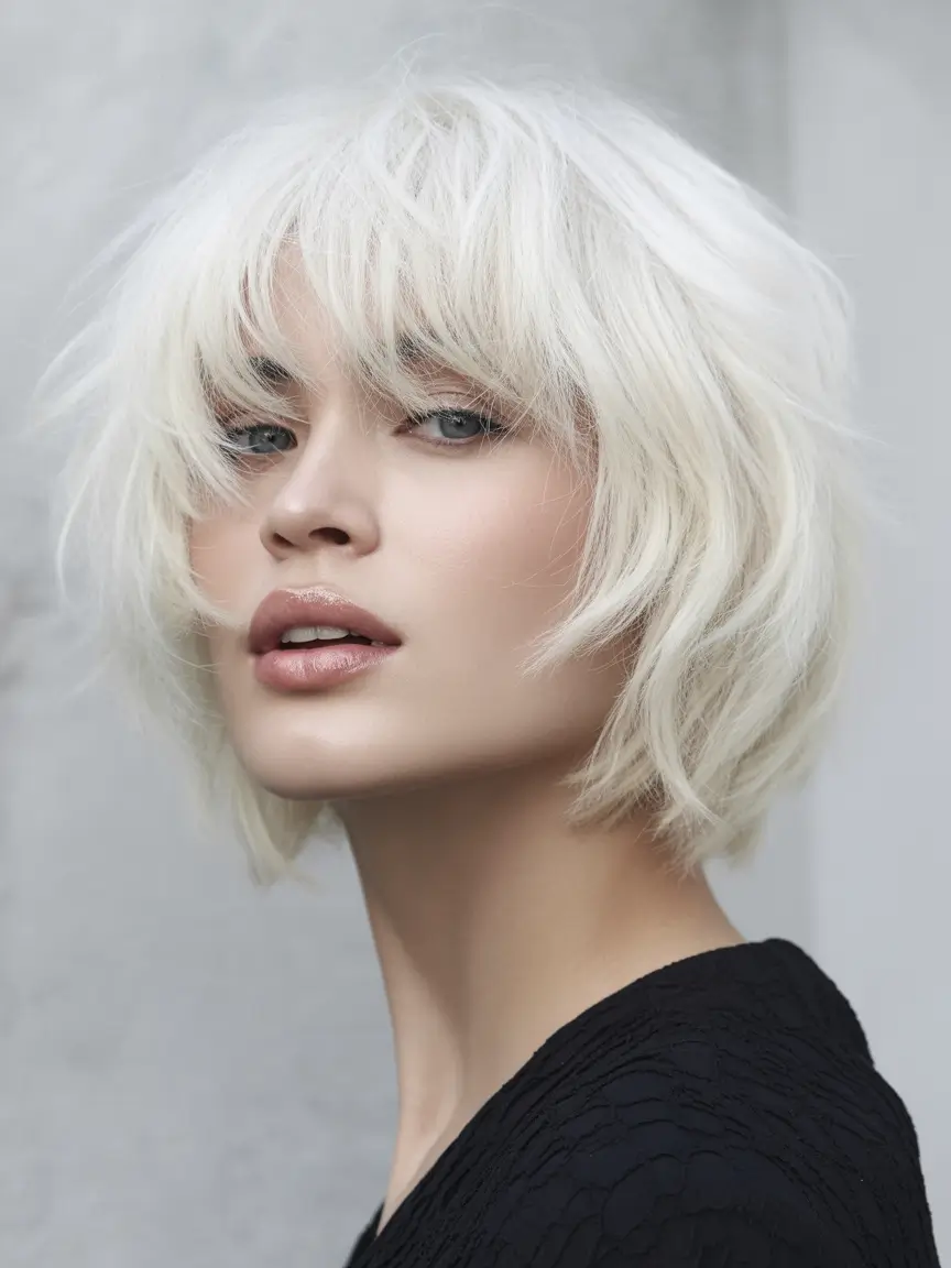 short winter haircuts platinum layered bob with fringe