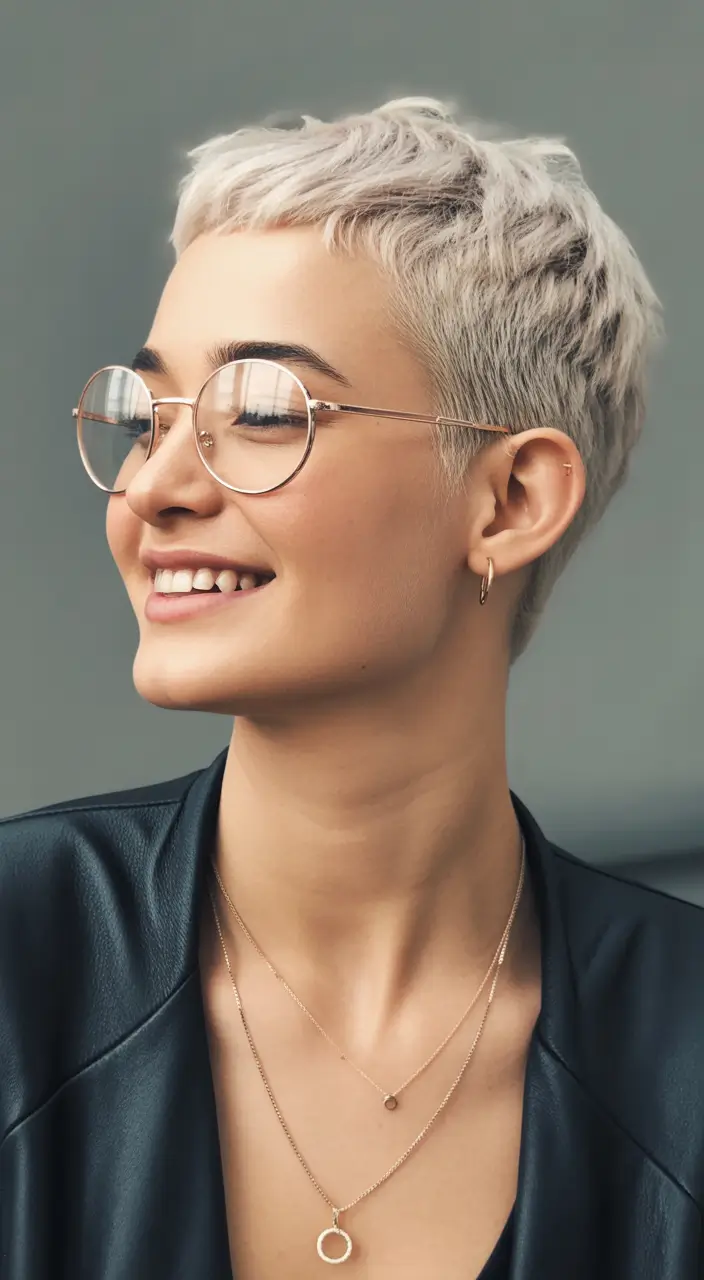 short winter haircuts frosted pixie with glasses