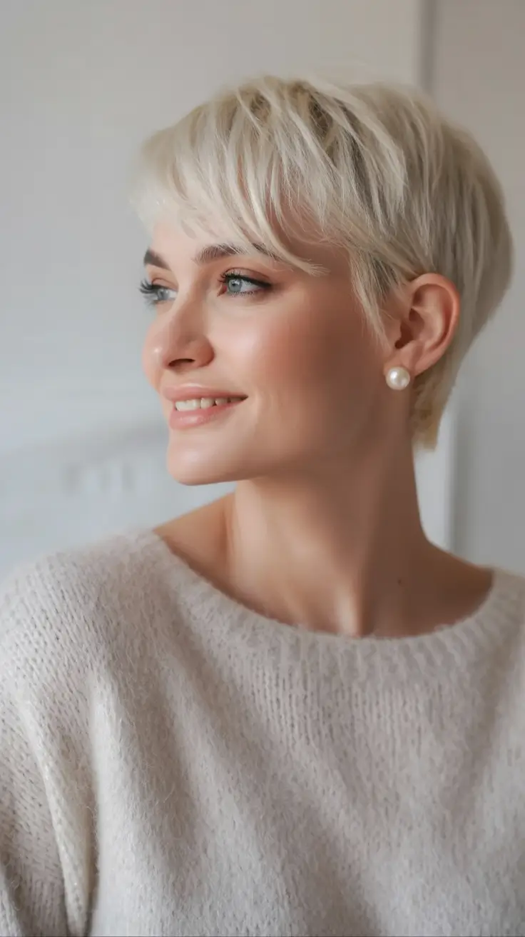short winter haircuts soft blonde crop bangs