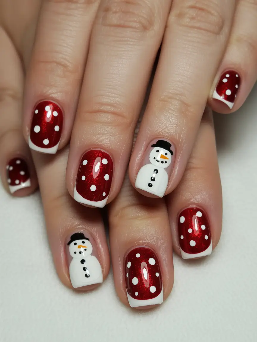 short-winter-nails-Snowman-Sparkle-on-Scarlet