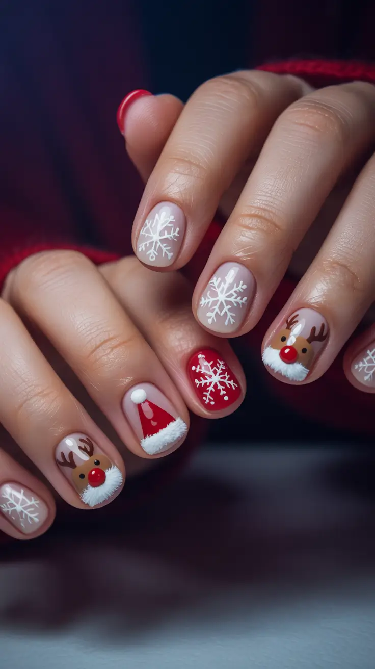 short-winter-nails-Classic-Rudolph-and-Snowflakes