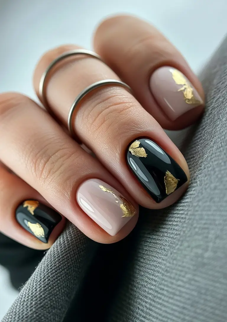 short-winter-nails-Black-and-Gold-Winter-Luxe