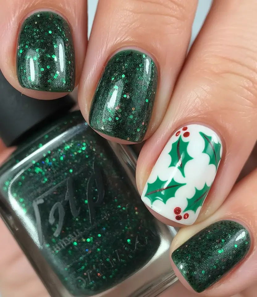 short-winter-nails-Evergreen-Sparkle-and-Holly-Cheer