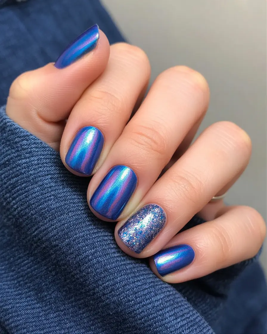 simple winter nails Blue Chrome Glow