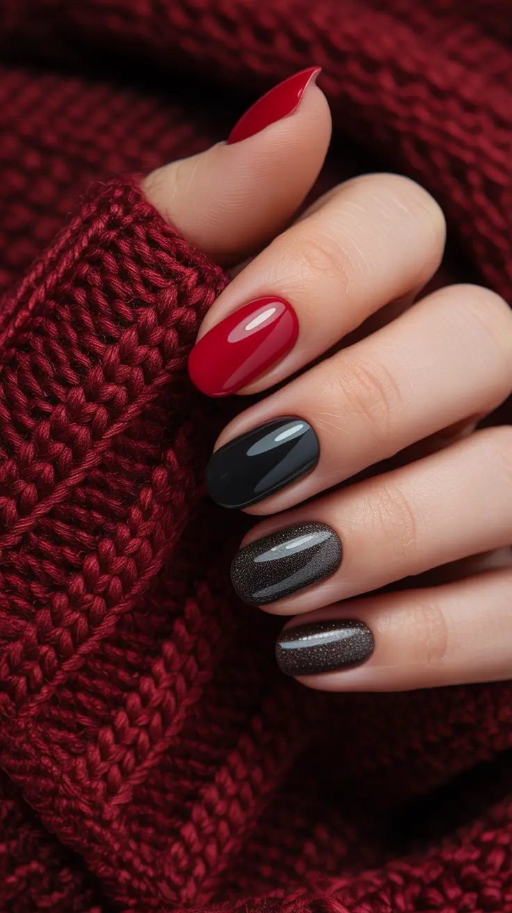 simple winter nails Crimson and Charcoal Harmony