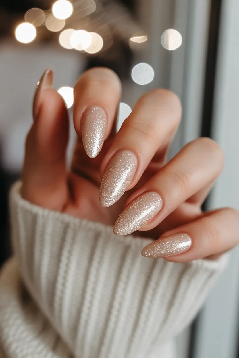 simple winter nails Champagne Almond Sparkle