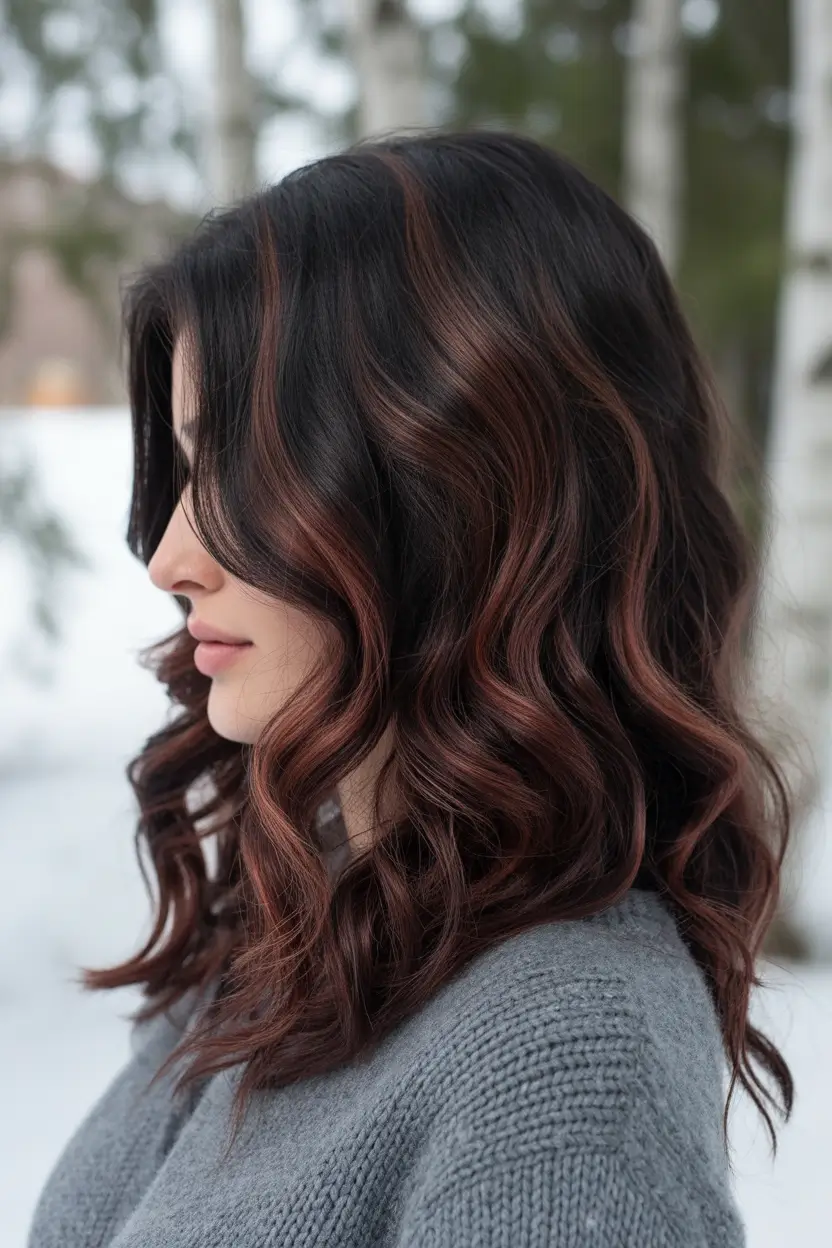 deep winter hair colors Subtle Balayage in Mocha and Rosewood