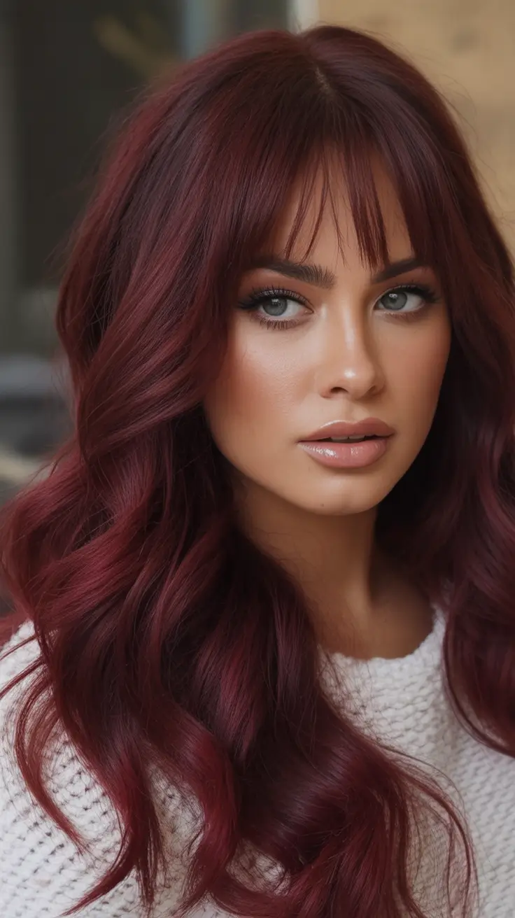 deep winter hair colors Berry-Toned Waves With Fringe