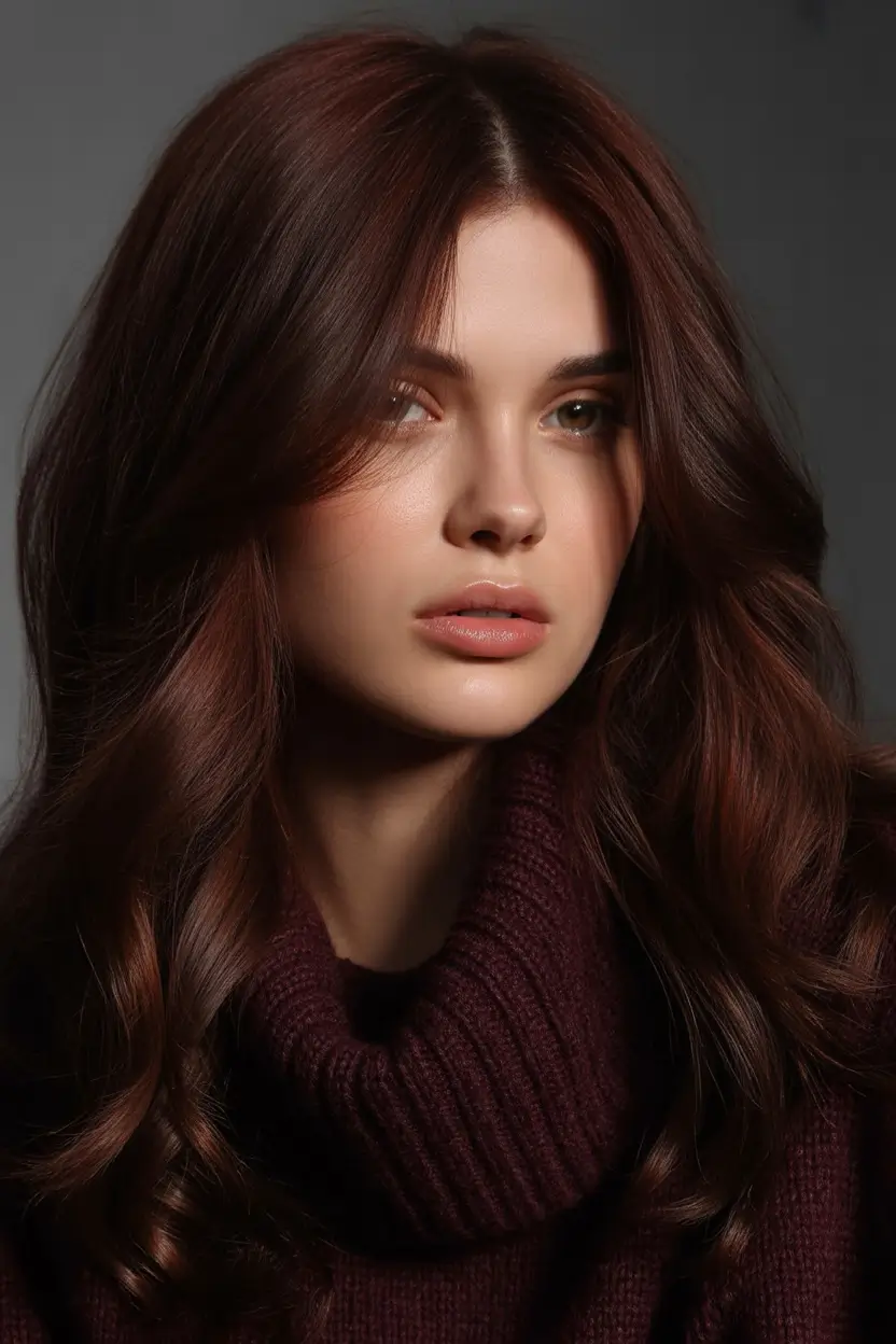 deep winter hair colors Mahogany Brunette With Winter Glow