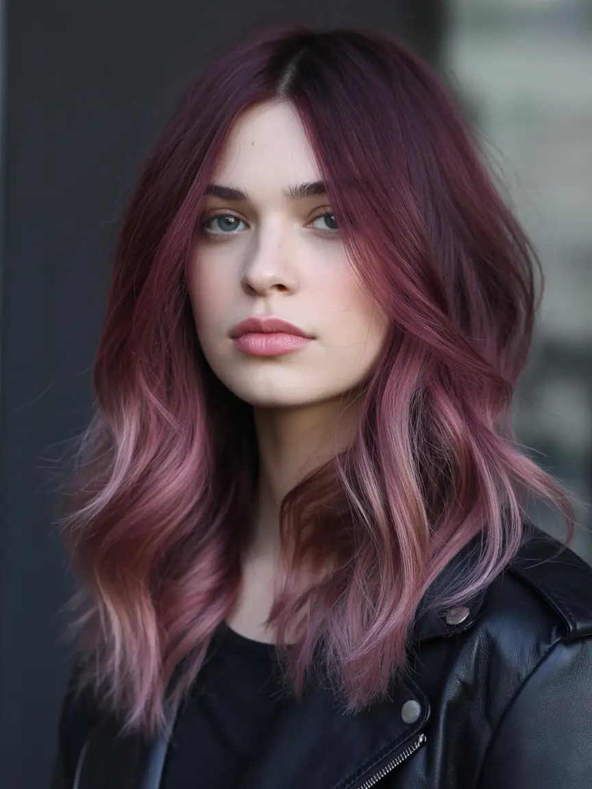 deep winter hair colors Plum-to-Rose Balayage
