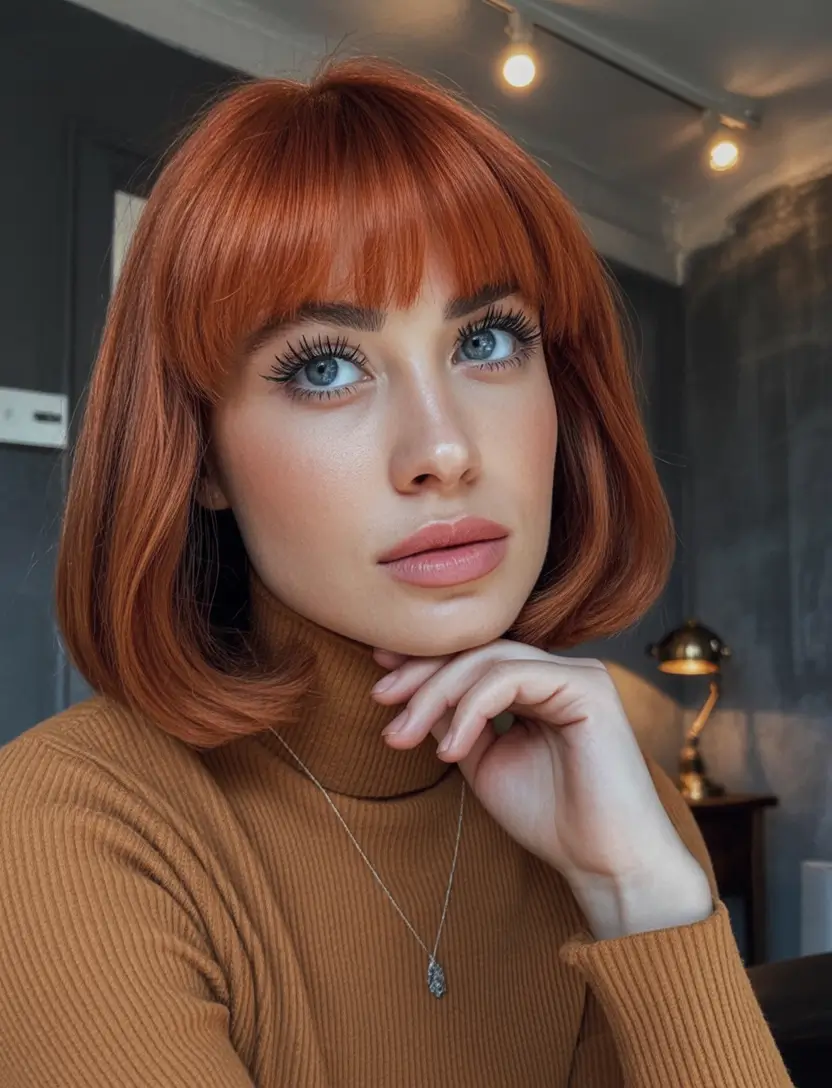 deep winter hair colors Copper Bob With Fresh Bangs