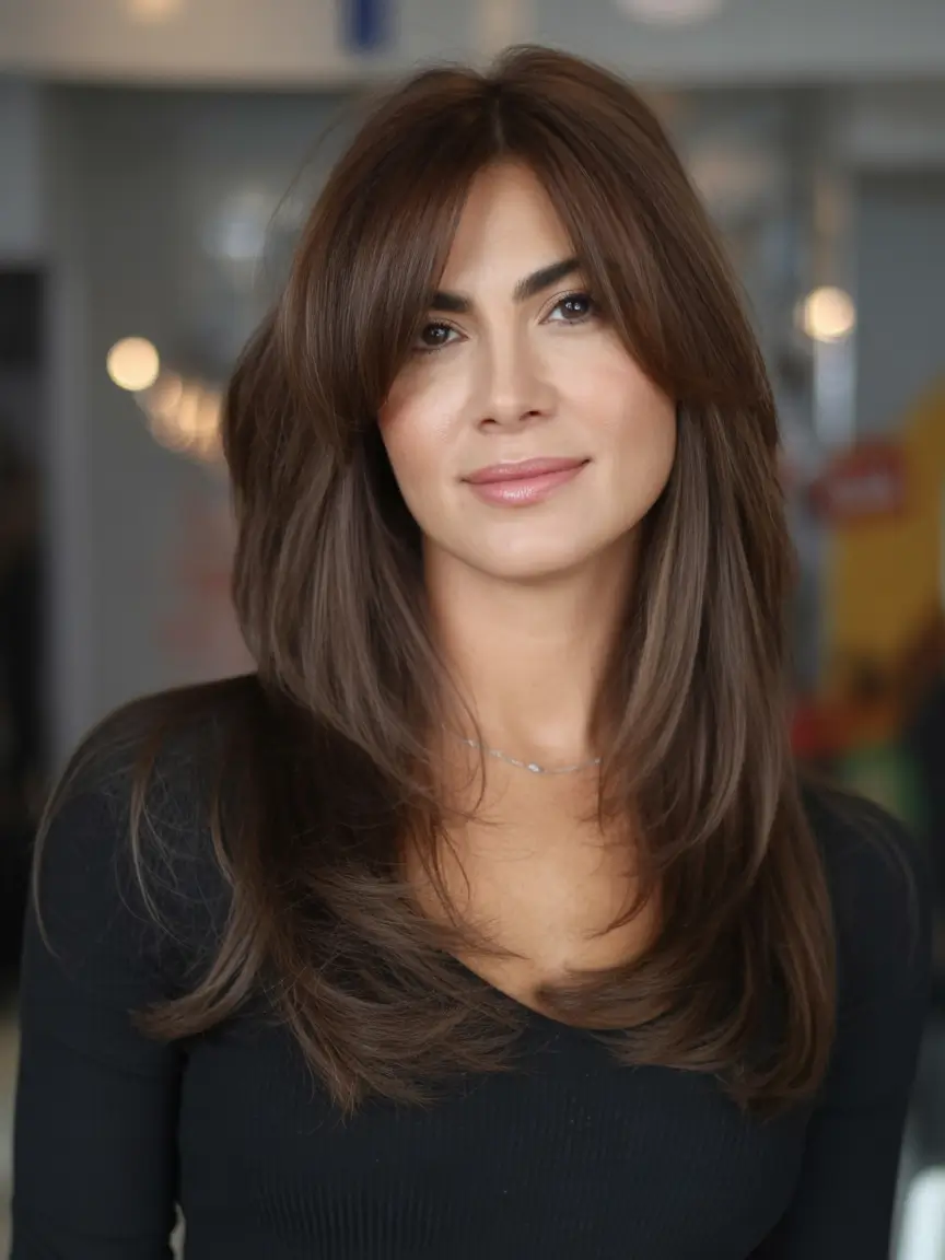 deep winter hair colors Layered Brunette With Curtain Bangs