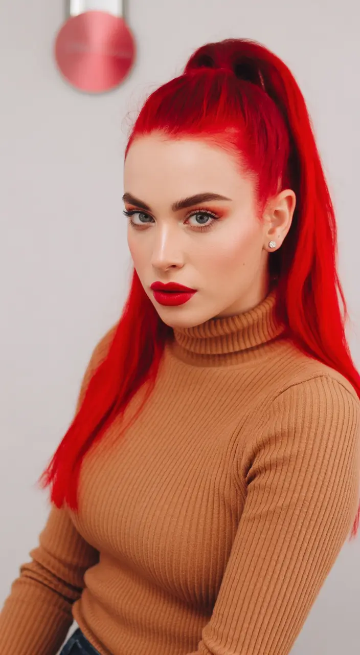 deep winter hair colors High-Power Red Ponytail