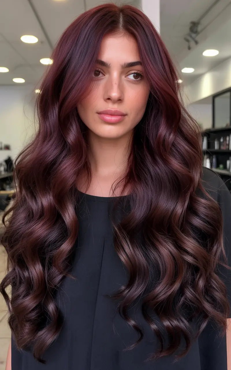 deep winter hair colors Glossy Plum Brunette Curls