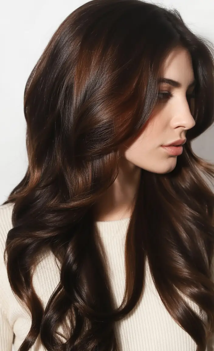 deep winter hair colors Espresso Brunette With Caramel Sheen