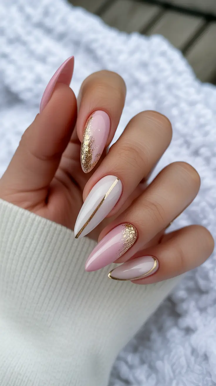 winter almond nails Soft Pink and Gold Elegance