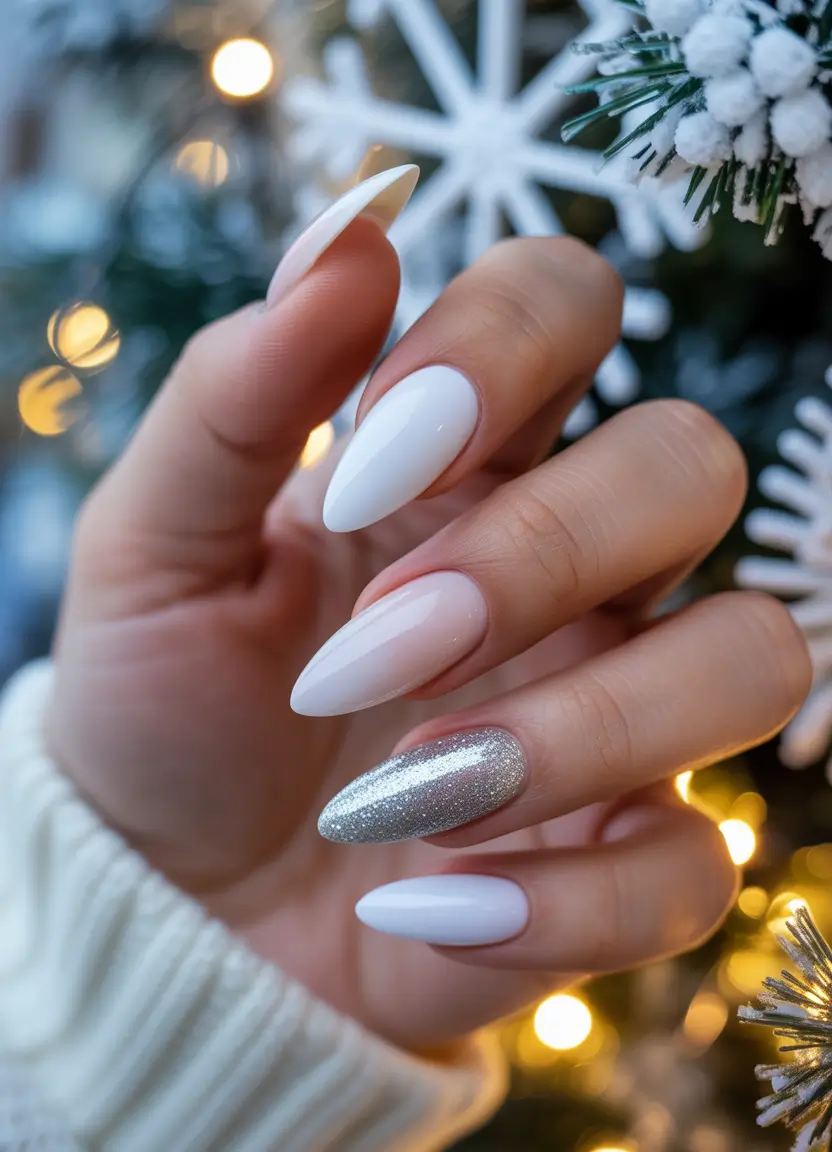 winter almond nails White Snow Glow