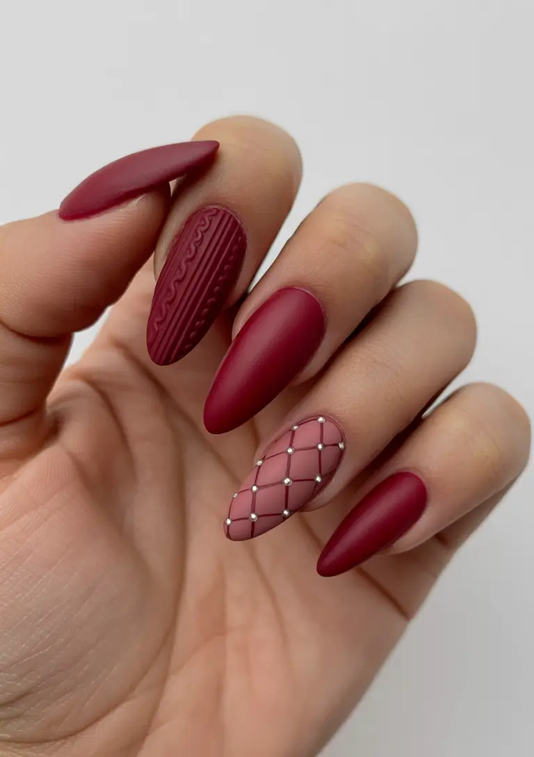 winter almond nails Matte Burgundy Knit