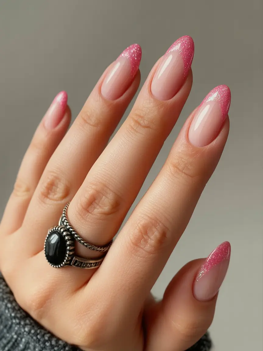 winter almond nails Frosted Pink Spark