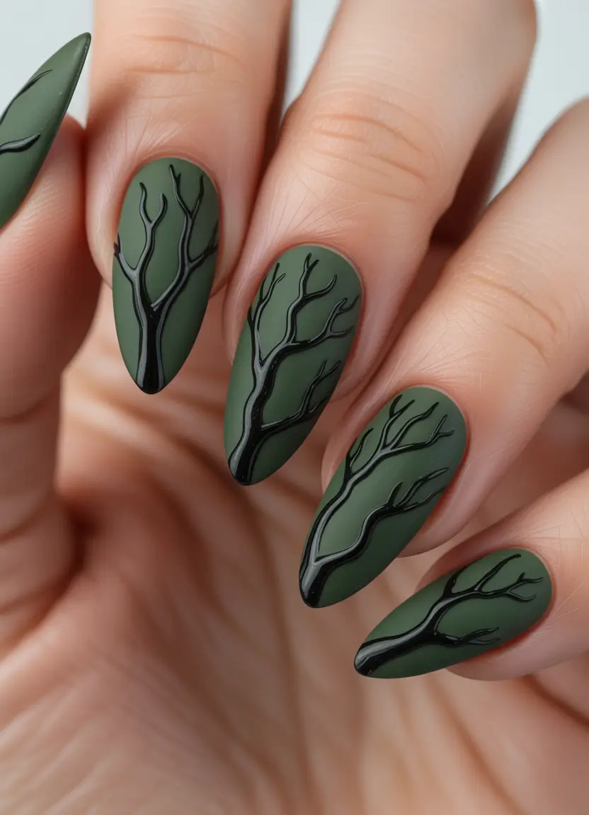 winter almond nails Dark Forest Silhouette