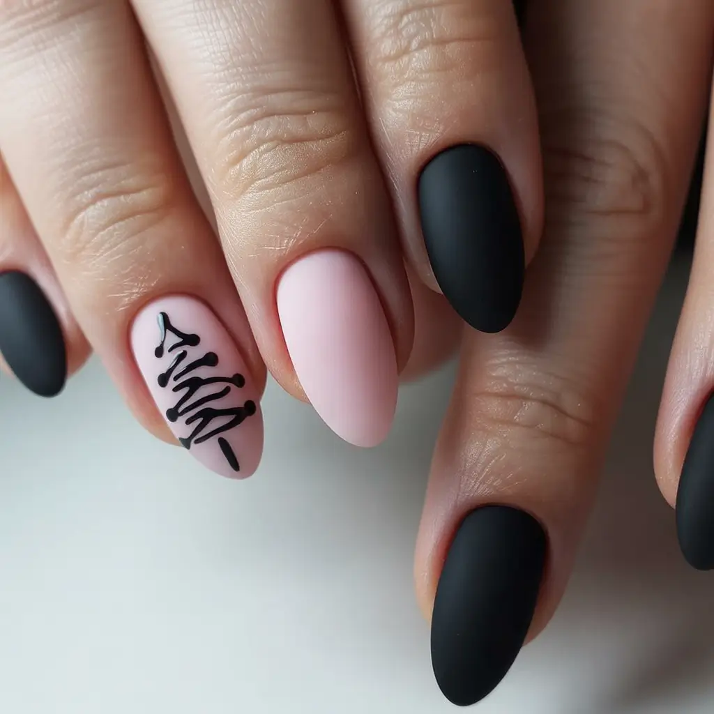 winter-nails-ideas-Matte-Midnight-and-Blush-Contrast