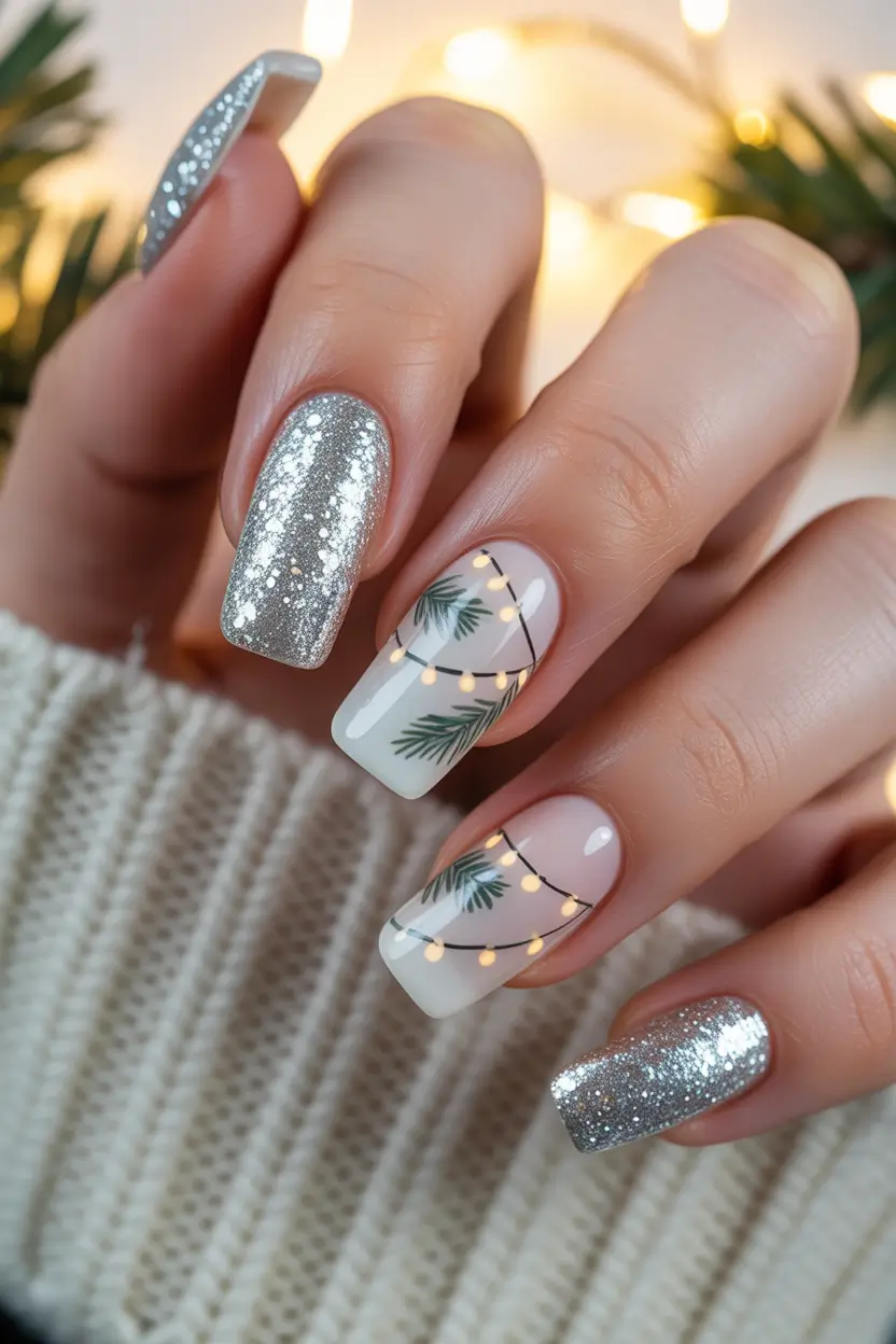 white christmas nails Glittering Pine Lights