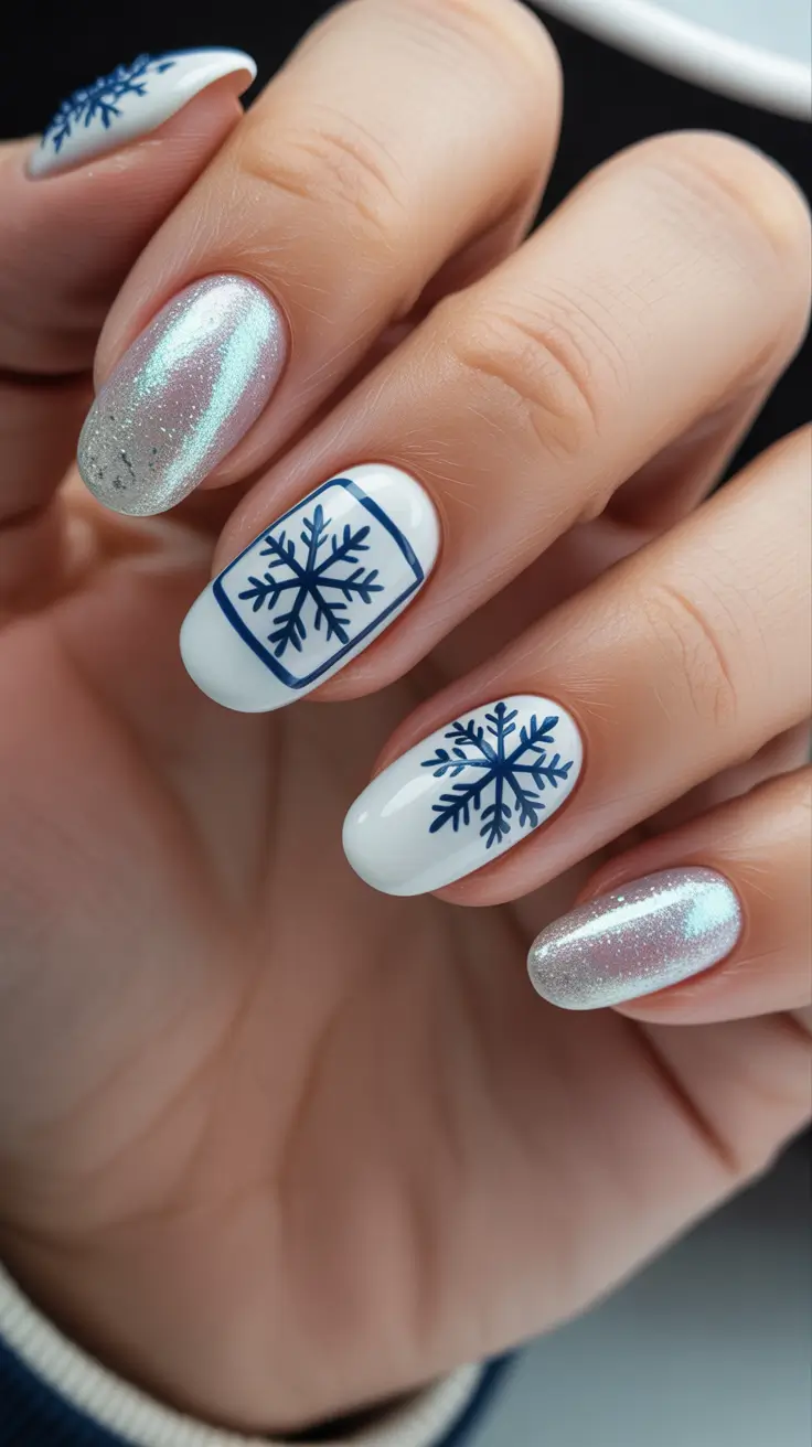 white christmas nails Blue Snowflake Magic