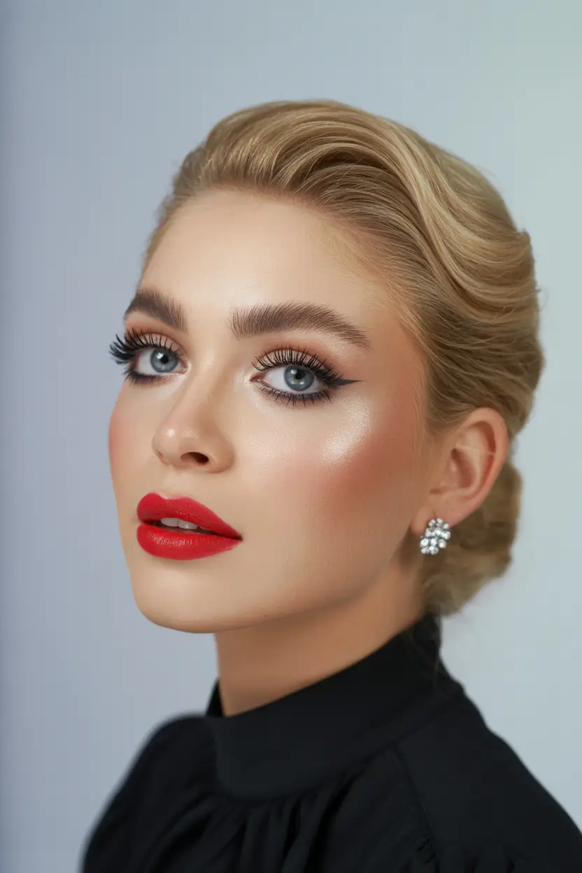 winter formal hairstyles Voluminous Retro-Inspired Updo with Bold Red Lips