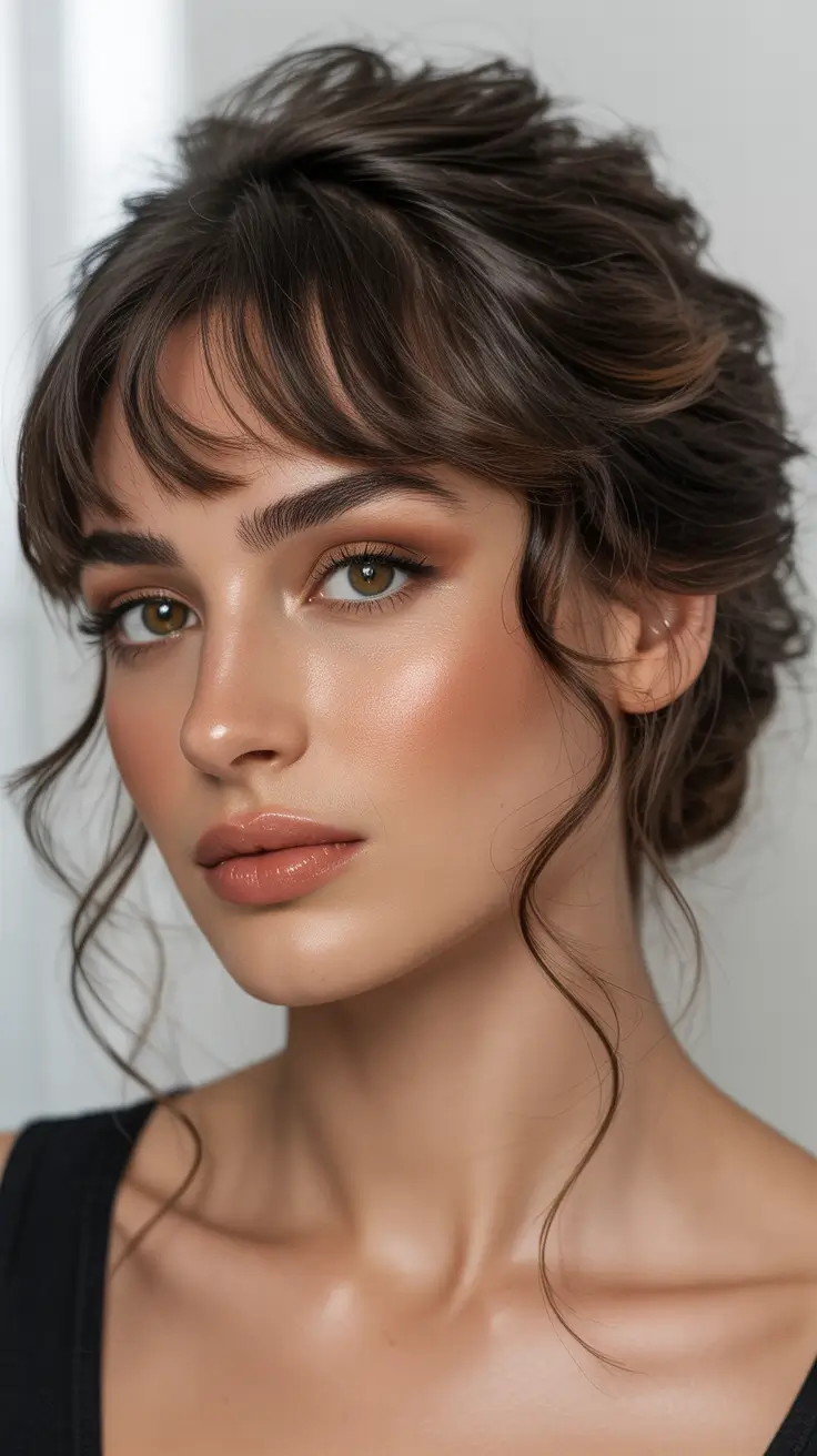 winter formal hairstyles Soft Updo with Curtain Bangs and Gentle Texture