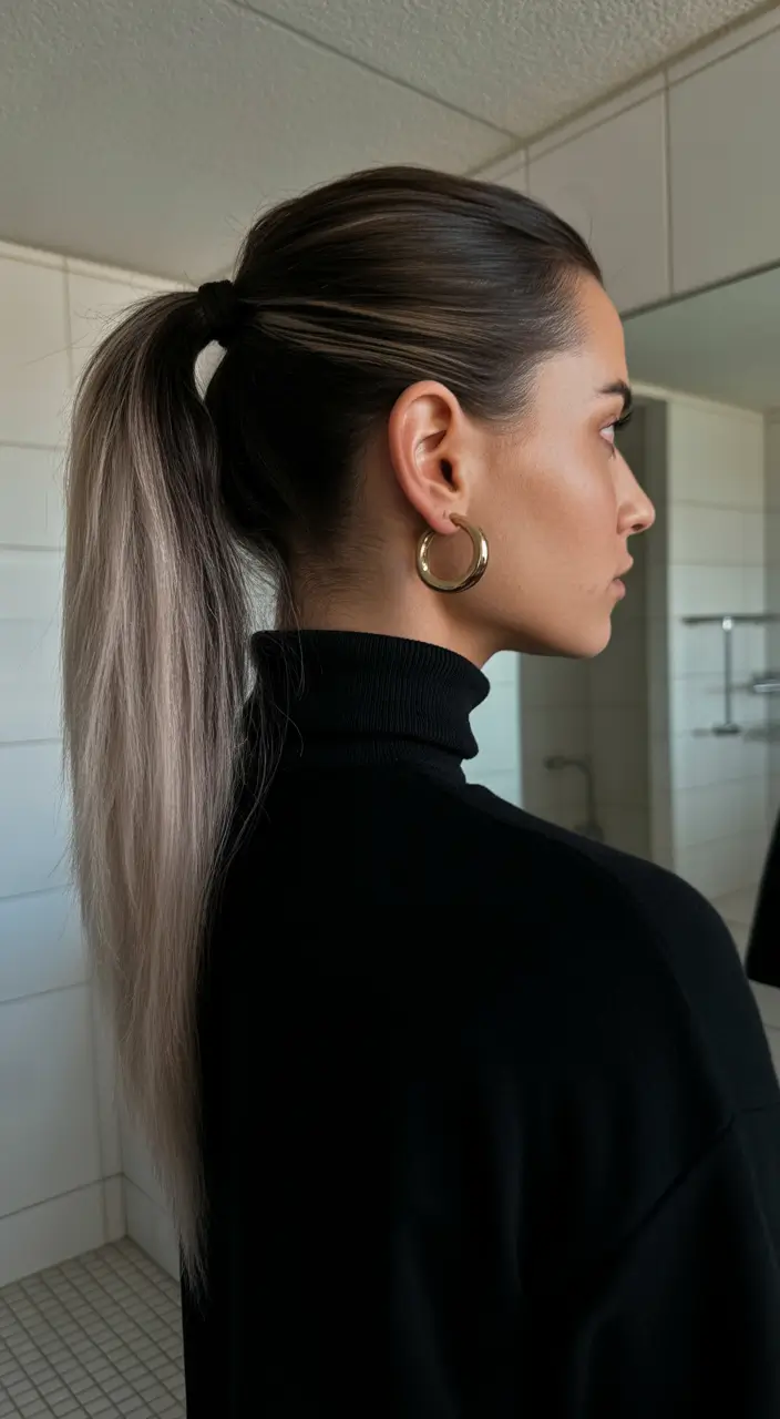 winter formal hairstyles Cool-Toned Sleek Ponytail with Subtle Contrast