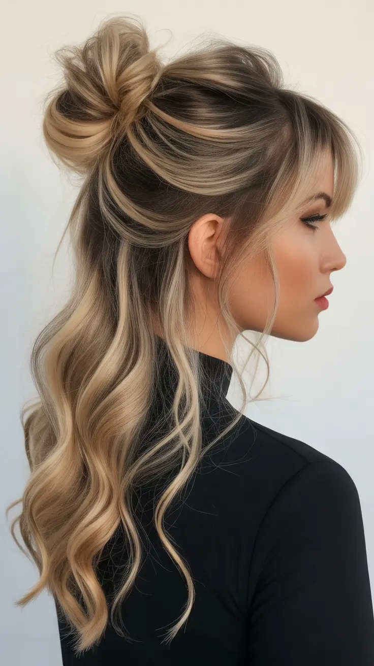 winter formal hairstyles Textured Half Bun with Dimensional Blonde Highlights