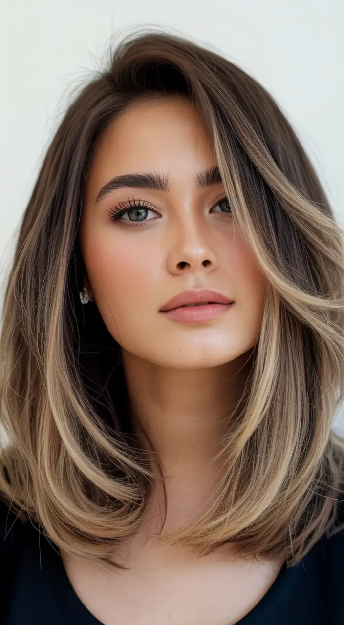 winter hair colors for brown hair Soft Blonde-Brown Contrast on Medium Length