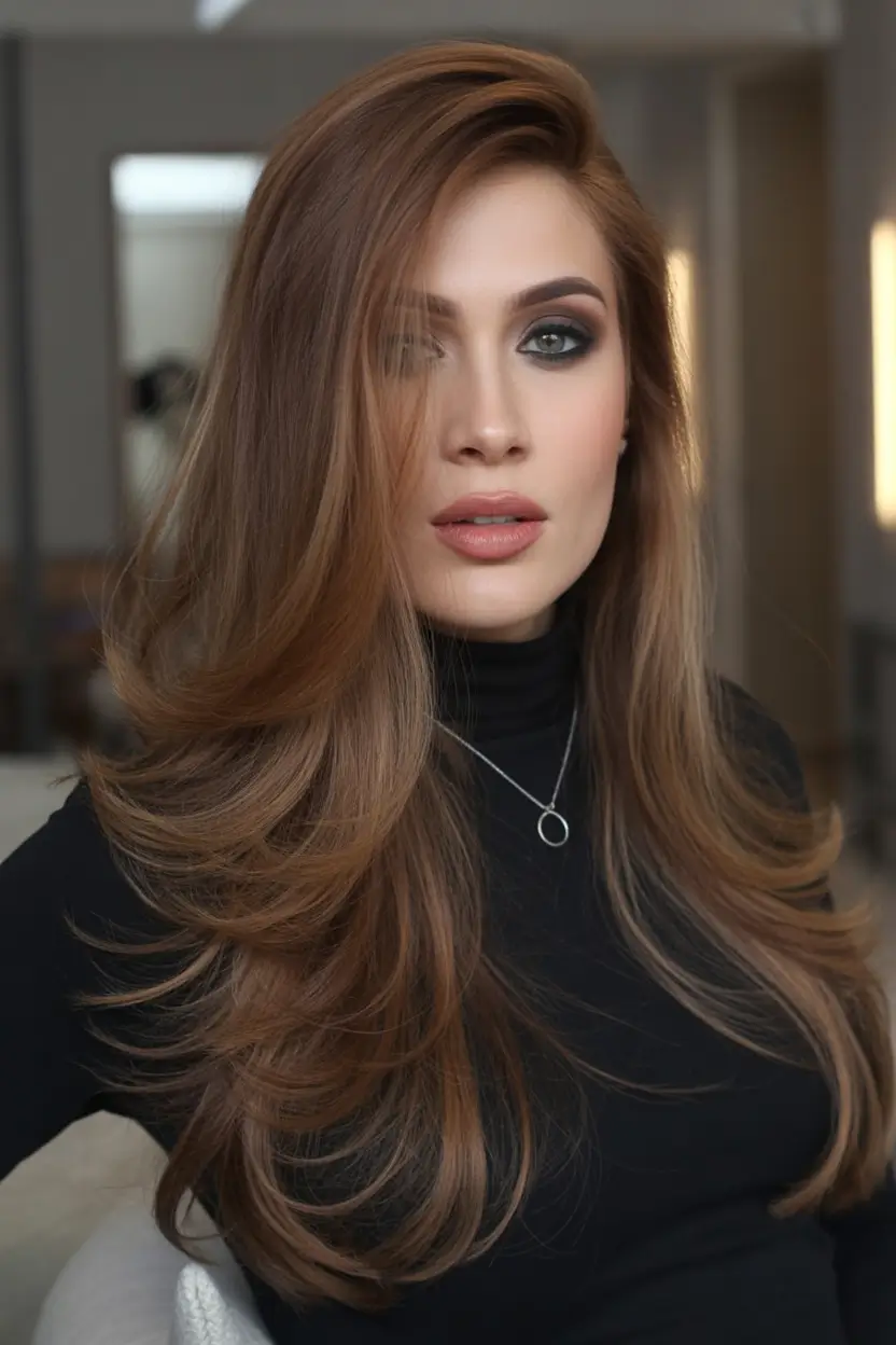 winter hair colors for brown hair Copper-Toned Brunette Glow