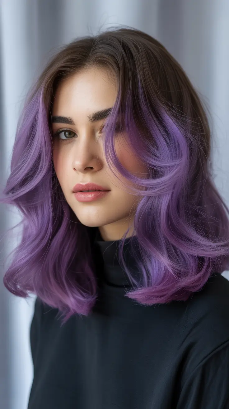 winter hair colors for brown hair Purple Fantasy Highlights on Brunette