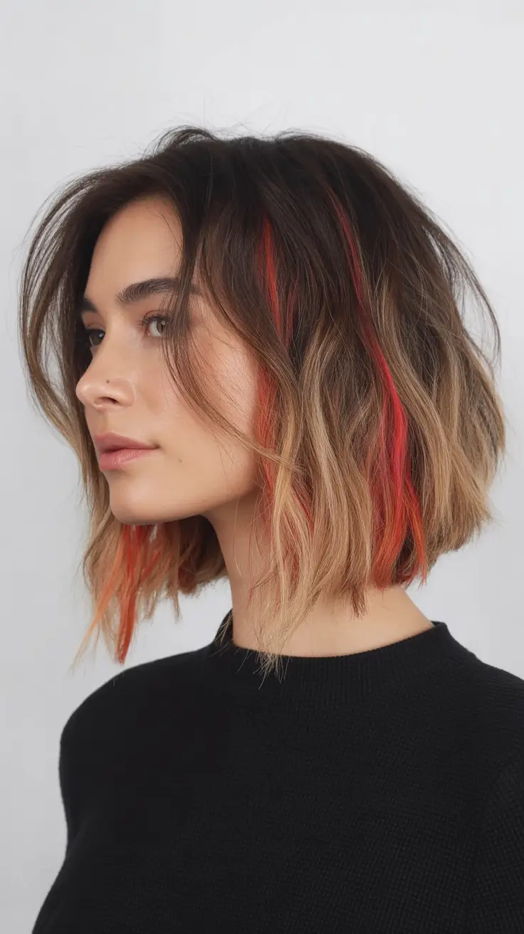 winter hair colors for brown hair Short Bob with Fiery Red Accents