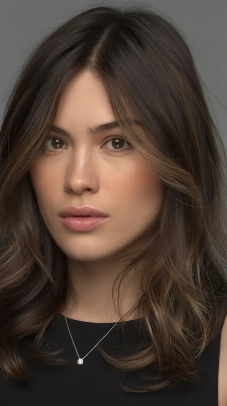 winter hair colors for brown hair Soft Brunette with Whisper Highlights