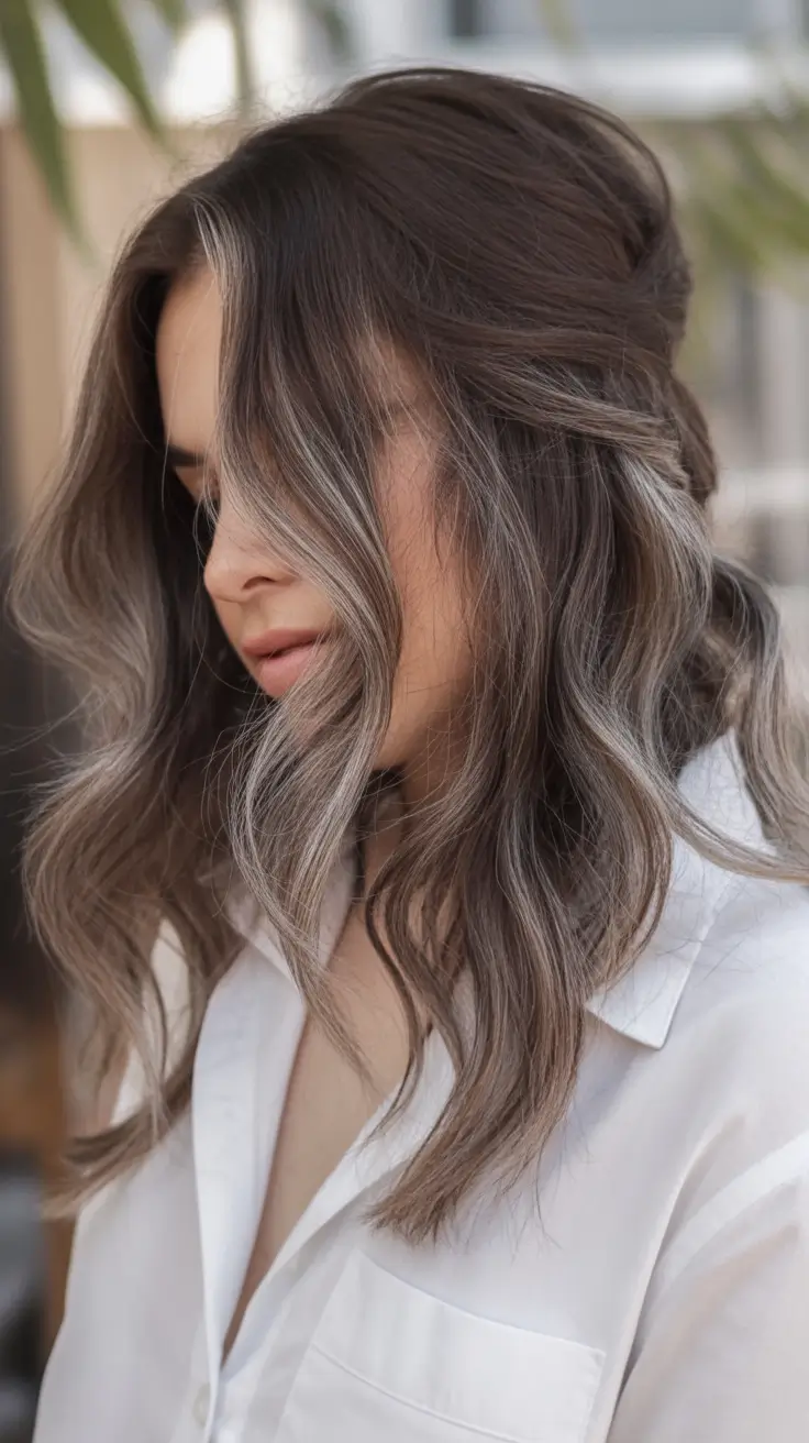 winter hair colors for brown hair Silver-Toned Brunette Waves