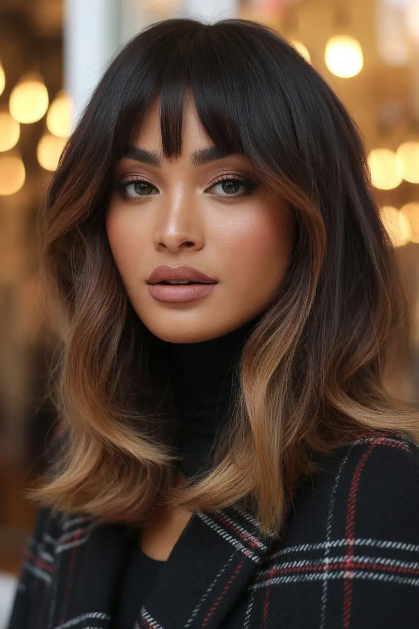 winter hair colors for brown hair Dark Chocolate with Caramel Curtain Bangs