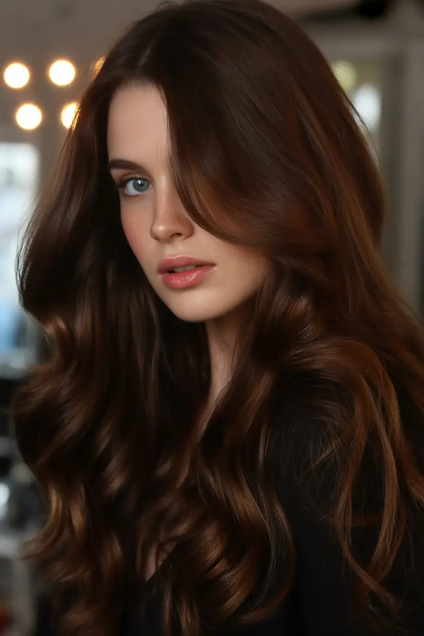 winter hair colors for brown hair Rich Chestnut Brunette with Glossy Finish