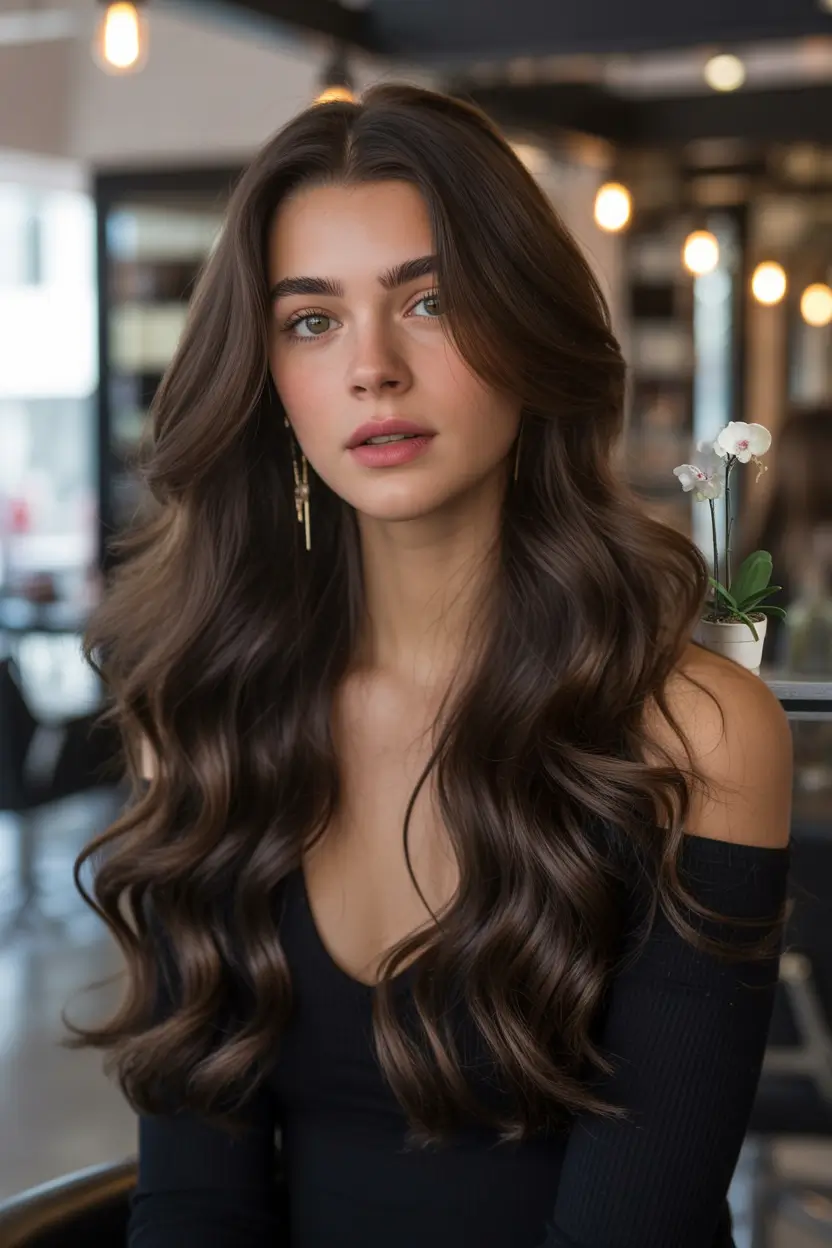 winter hair colors for brown hair Romantic Waves in Warm Brunette