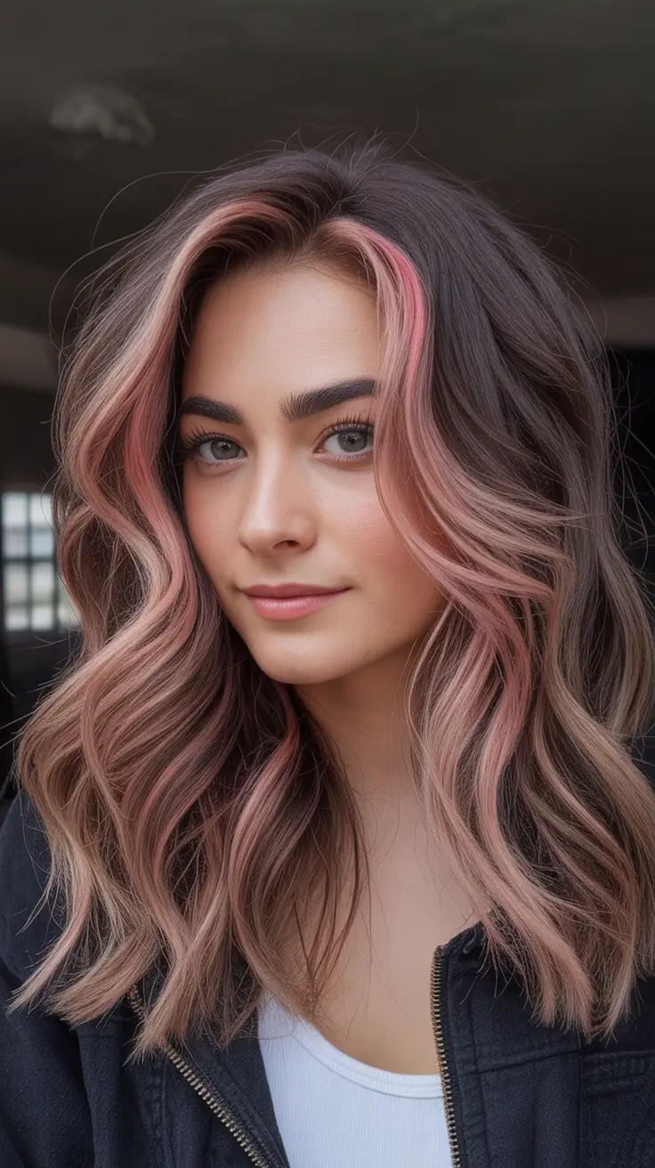 winter hair colors for brown hair Rose-Toned Brunette with Playful Highlights