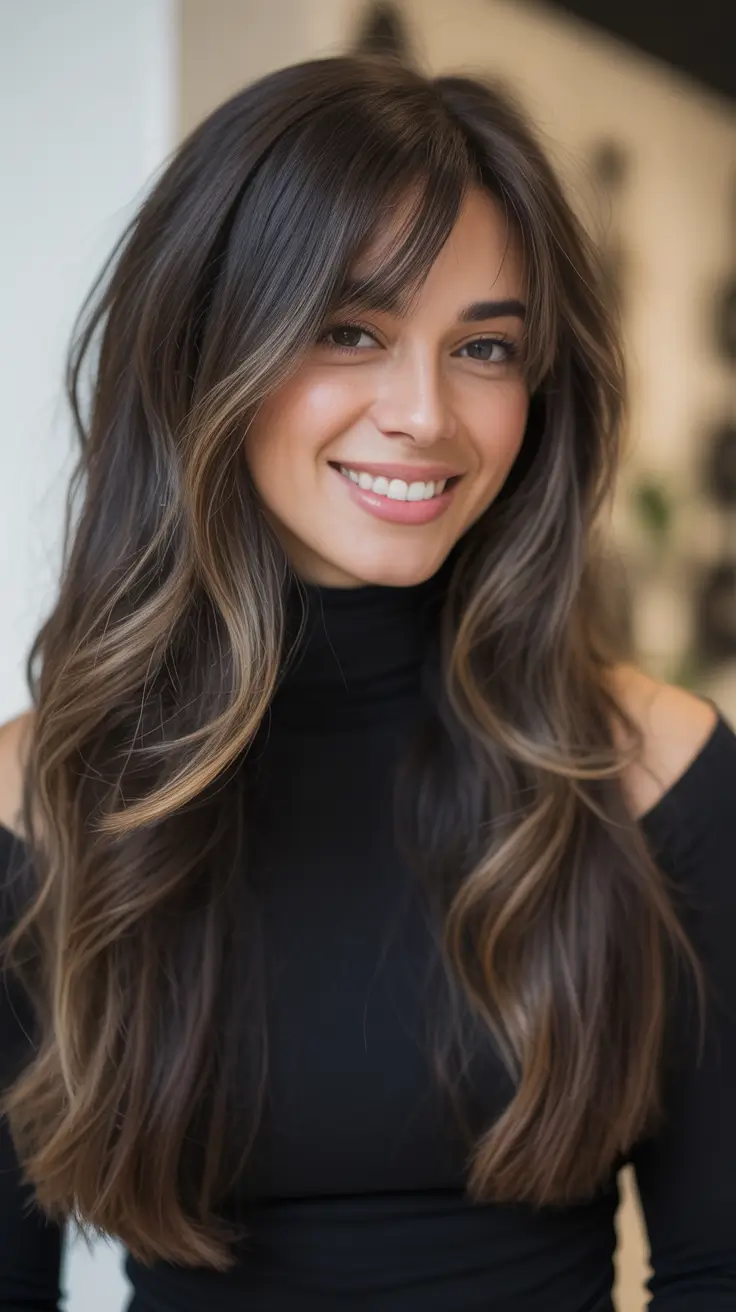 winter hair colors for brown hair Balayage Brunette with Face-Framing Lights