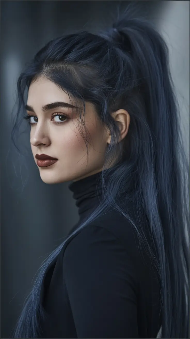 winter hair colors for brunettes Smoky Midnight Ponytail