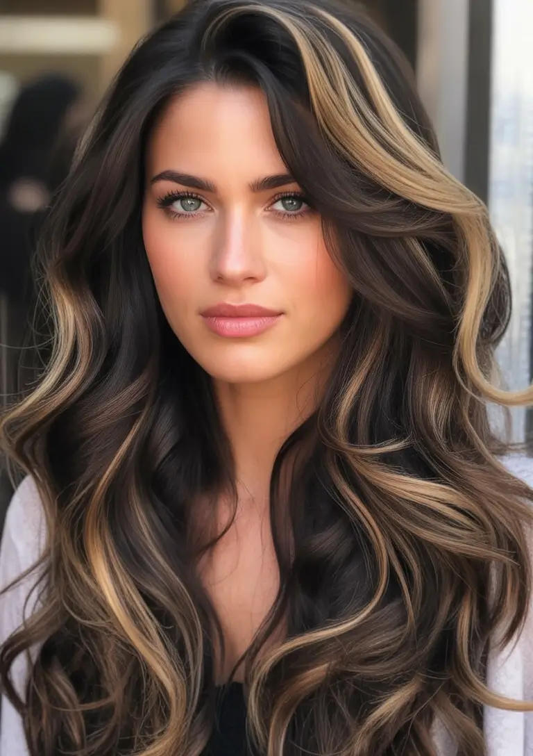 winter hair colors for brunettes Honeyed Dimension Highlights