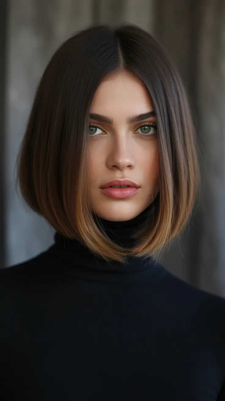 winter hair colors for brunettes Subtle Brunette Bob with Caramel Tips