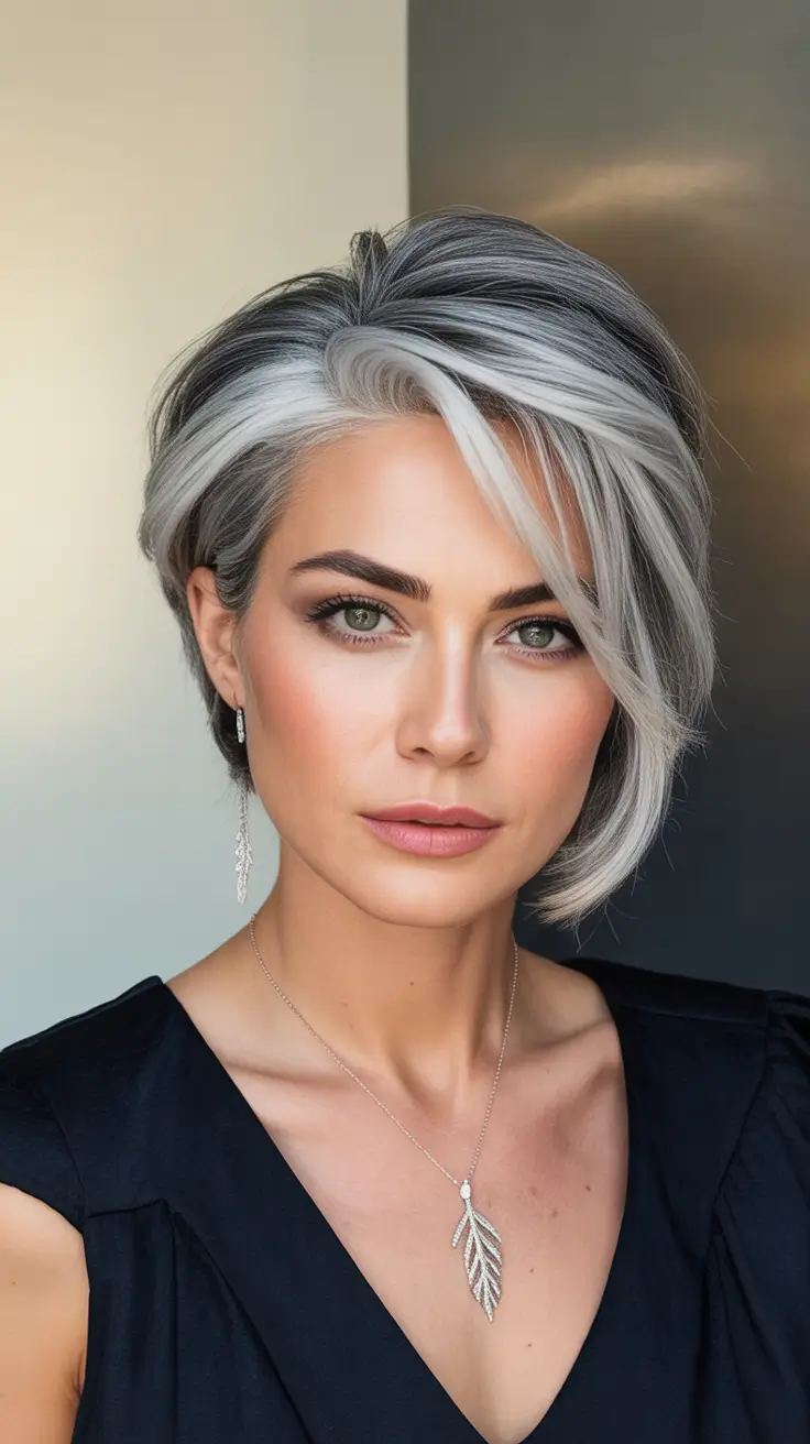 winter hair colors for brunettes Elegant Salt-and-Pepper Crop