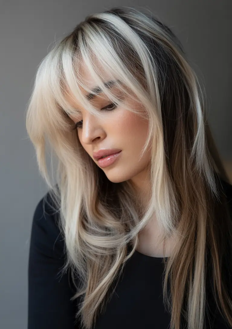 winter hair colors for brunettes Face-Framing Blonde Ribbons
