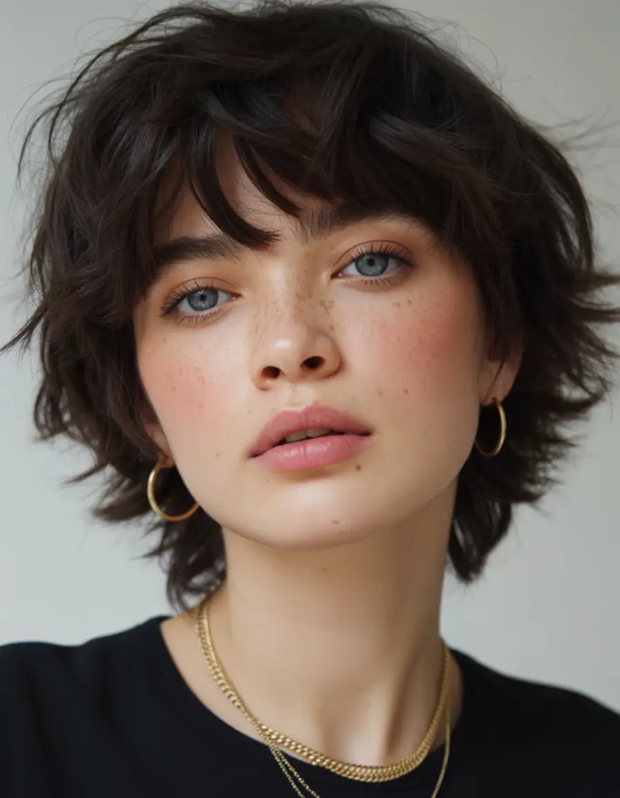 winter haircuts for round faces Messy Layered Shag with Bangs